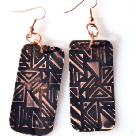 Copper Earrings Embossed Geometric Handmade Tribal - Picture 1 of 6